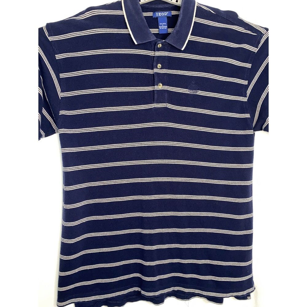 Mens Izod Polo Shirt  Large‎ Blue Beige, Casual Golf Beach Short Sleeve